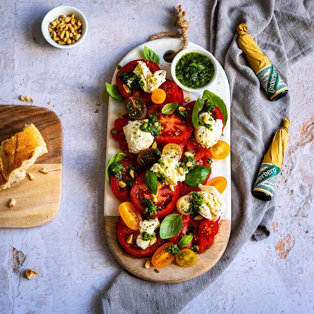 Caprese: tomato and mozzarella with herb pesto - Underberg English